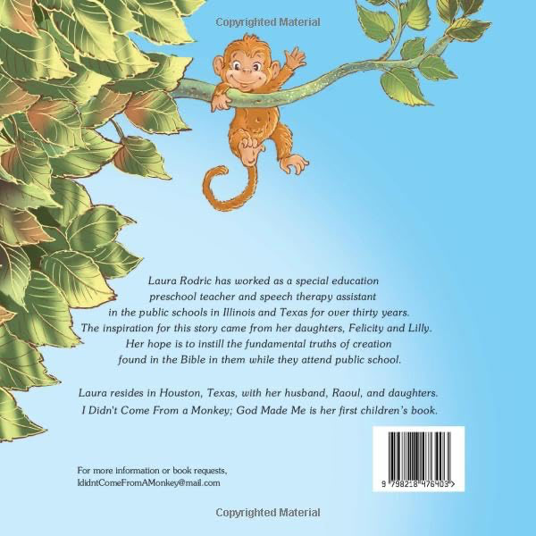 Back cover of the book featuring a light blue background with tree leaves along the left side and a small cartoon monkey hanging from a branch waving. Below the illustration is author biography text about Laura Rodric, along with contact information and a barcode in the bottom right corner.